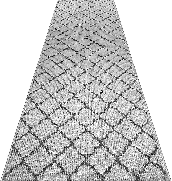 Custom Size Modern Runner Rug Carpet for Hallway Entryway Foyer Kitchen, Slip Resistant Latex Rubber Backed 31 inch Wide X Customized Length, Trellis Grey, 31 inch X 17 feet
