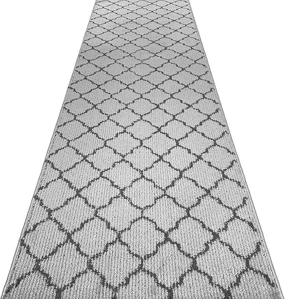 Custom Size Modern Runner Rug Carpet for Hallway Entryway Foyer Kitchen, Slip Resistant Latex Rubber Backed 31 inch Wide X Customized Length, Trellis Grey, 31 inch X 17 feet