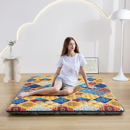 Japanese Floor Mattress Twin, Anti-Slip Japanese Futon Foldable Tatami Mat for Guests, Boho Orange Checkered