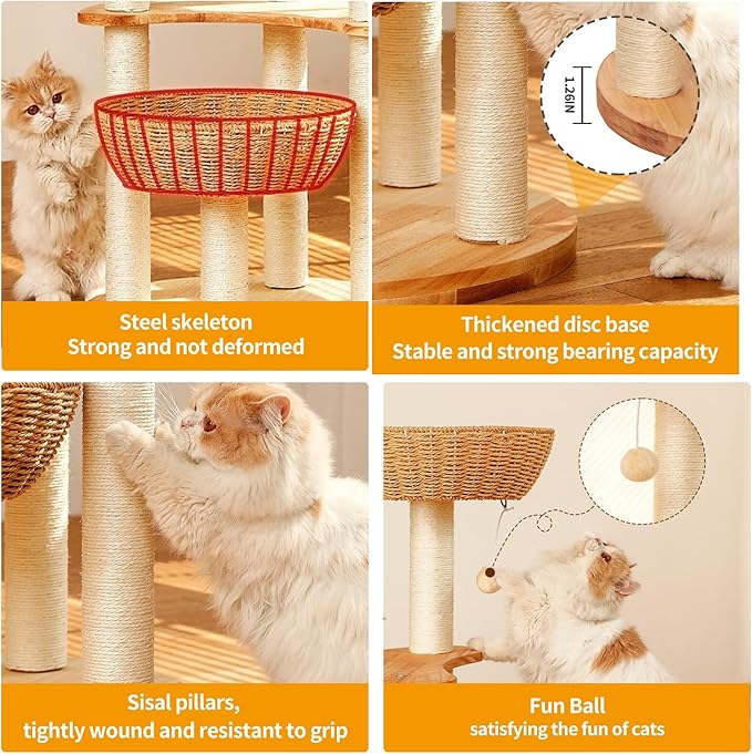 54" Modern Cat Tree Tower for Indoor Cats, Oak Cat Scratching Tree for Multiple Large Cats, Manual Hand Woven Luxury Cat Condo, Unique High-end Design Cat Furniture Activity Centre, Easy Clean-Mewly Pet