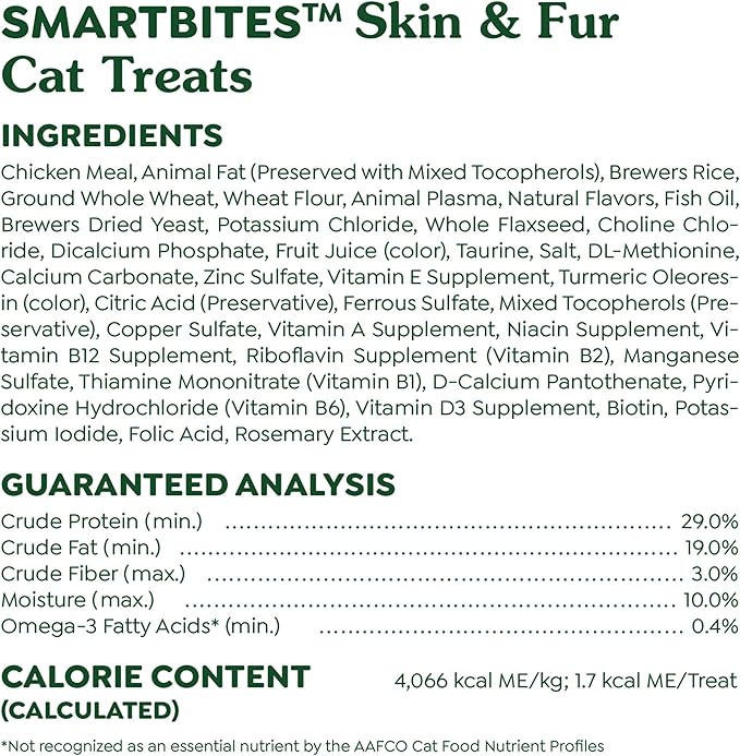 Greenies Feline Smartbites Skin & Fur Health Crunchy and Soft Cat Treats, Chicken Flavor, 16 oz. Tub-Mewly Pet