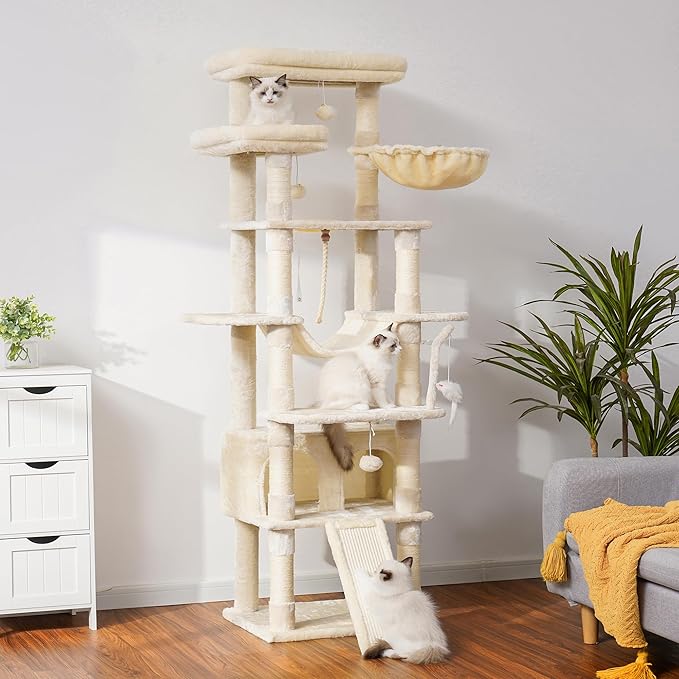 Heybly Tall Cat Tree, 78-inch Multi-Level Cat Tower for Indoor Cats, 2 Widened Plush Perches Cat Condo with Scratching Board and Big Caves, Beige HCT033M-Mewly Pet
