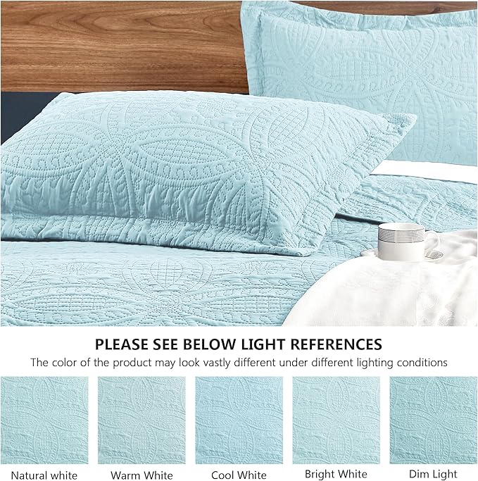 Love's cabin King Size Quilt Set Spa-Blue Bedspreads - Soft Bed Summer Lightweight Bedspread Comforter - Modern Style Coin Pattern Coverlet for All Season - 3 Pieces (1 Quilt, 2 Pillow Shams)
