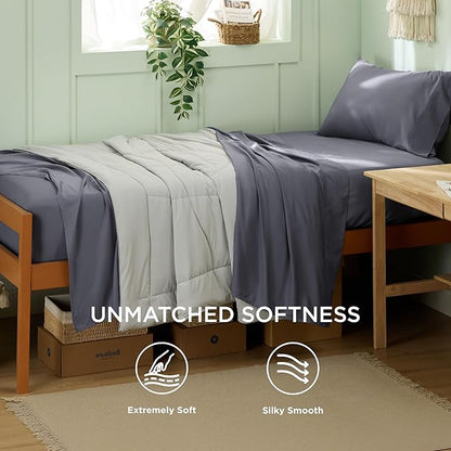 Bedsure Twin XL Sheet Set Dorm Bedding, Cooling Sheets Twin Extra Long Sheets, Rayon Derived from Bamboo, Deep Pocket Up to 16", Hotel Luxury Silky Bedding Sheets & Pillowcases, Dark Grey