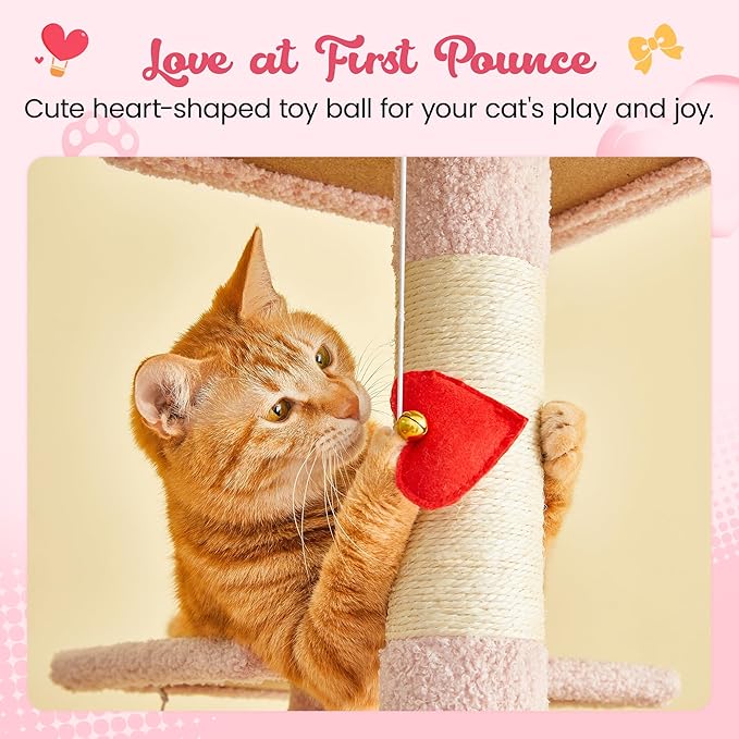 MWPO Cute Cat Tree, 63.8-Inch Pink Cat Tower for Indoor Cats, Multi-Level Cat Condo with 5 Scratching Posts, 2 Perches, Hammock, Dangling Toys-Mewly Pet