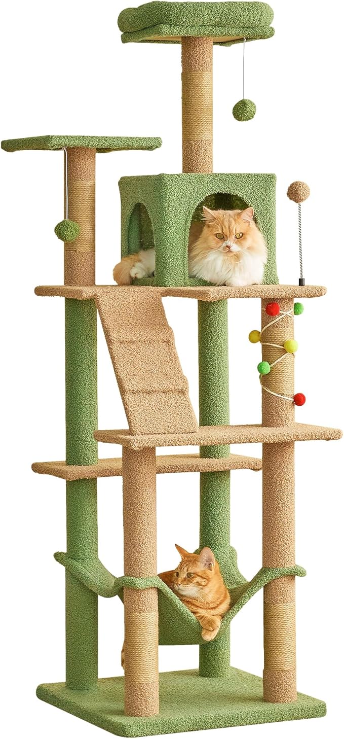 MWPO 63.8 Inches Green Cat Tree for Indoor Cats, Multi-Level Cat Tower with Sisal-Covered Scratching Posts, Padded Platform, Hammock, Dangling Toys, Stable Cat Condo Pet Play House-Mewly Pet