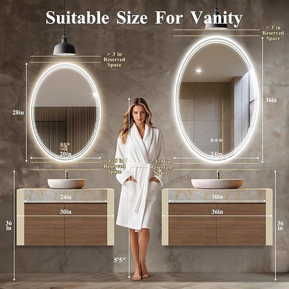 24''x36'' Oval Lighted Mirrors for Bathroom Wall Backlit + Front Lit, Oval LED Bathroom Mirror Frameless with Lights Anti Fog, Dimmable, 3 Colors,Tempered Glass, Shatter-Proof
