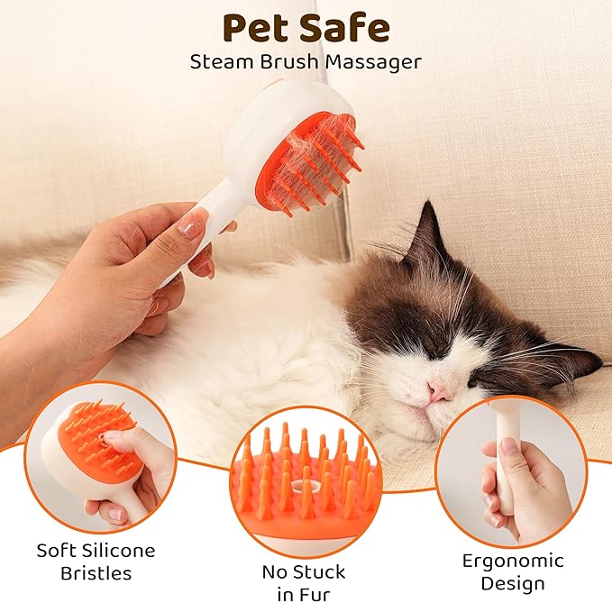 Steam Cat Brush, 6-in-1 Dog Brush Spritz Defur Comb, Steamy Skin Friendly Deshedding Grooming Tool, Suitable for Shedding & Haired Pets, Pet Supplies Accessories,White-Mewly Pet