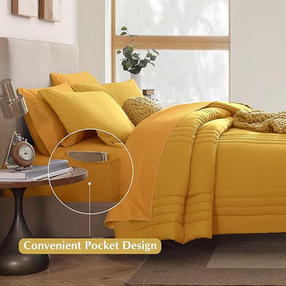 Monbix Queen Comforter Set - 7 Pieces Bright Yellow Bed in a Bag Queen Bedding Sets with Comforters, All Seasons Down Alternative Comforter Bed Set with Sheets,Pillowcases & Shams