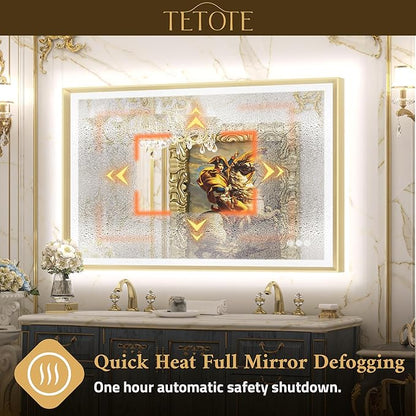 TETOTE 48x36 LED Mirror for Bathroom Gold Metal Frame Frontlit & Backlit Lighted Vanity Mirror Baroque Anti Fog Stepless Dimmable White/Warm/Natural,CRI90+,Waterproof,Wall Mounted(Horizontal/Vertical)
