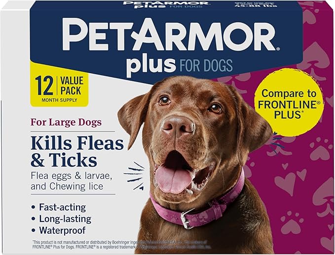 PetArmor Plus Flea and Tick Prevention for Dogs, Dog Flea and Tick Treatment, 12 Doses, Waterproof Topical, Fast Acting, Large Dogs Dogs (45-88 lbs)-Mewly Pet
