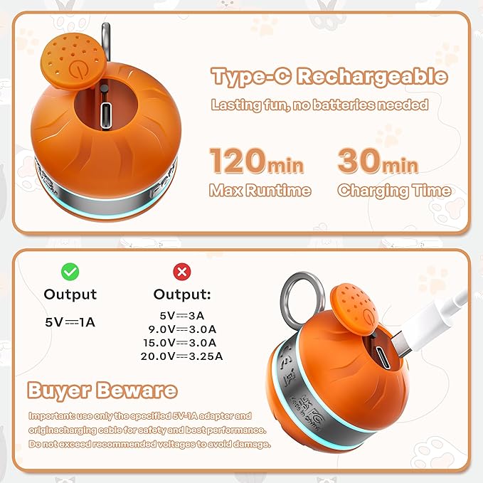 Interactive Cat Toys for Indoor Cats with 3 Mouse Tails,Electric Cat Ball Toy with Bird Chirping Sounds,Automatic Spinning Moving,300mAh Long Endurance Type-C Rechargeable,Pet Cat Supplies(Orange)-Mewly Pet