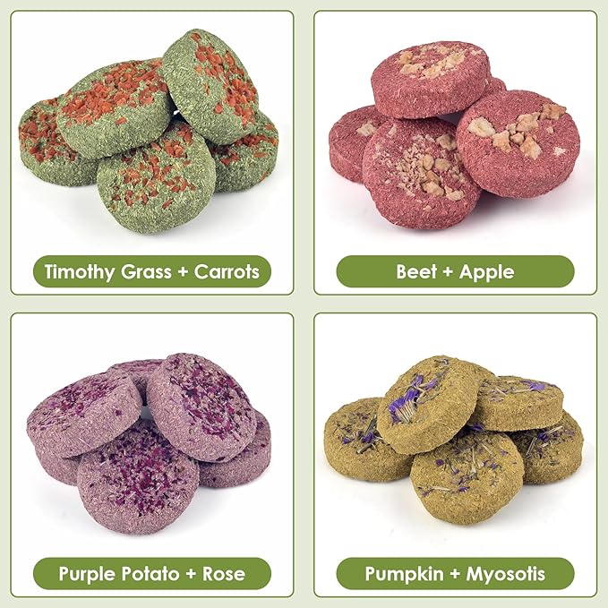 ERKOON 24Pcs Bunny Chew Toys, Small Animal Molar Toys Timothy Grass Beet Sweet Potato Pumpkin Cake Treats for Guinea Pig Hamster Bunny Chinchilla Gerbil, 100% Natural Rabbit Chews and Treats-Mewly Pet