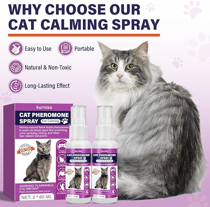 Cat Calming Pheromone Spray, 2 Pack, Calming Spray for Cat Anxiety Relief, Reduce Stress, Hiding & Scratching Furniture - During Travel, Fireworks, Thunder, 60 ML-Mewly Pet