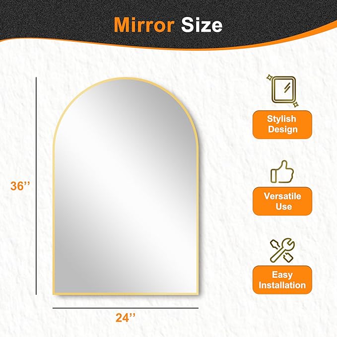 Delma Arched Bathroom Mirror, 24"x36" Wall Mounted Vanity Mirror for Bedroom, Living Room and Entryway, Gold