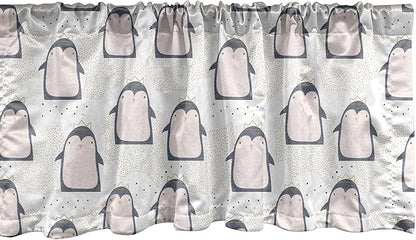 Ambesonne Penguin Window Valance Pack of 2, Pastel Colored Style Cartoon Animals from Antarctica Crowns on a Dotted Background, Rod Pocket Curtain Valances for Kitchen Bedroom, 54" X 12", Grey Pink