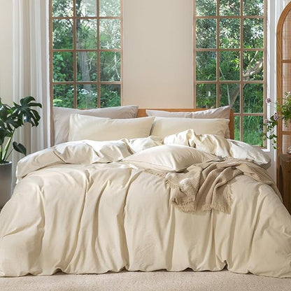MooMee Bedding Duvet Cover Set 100% Washed Cotton Linen Like Textured Breathable Durable Soft Comfy (Heathered Almond Milk Grey, Cal King 104"x98")