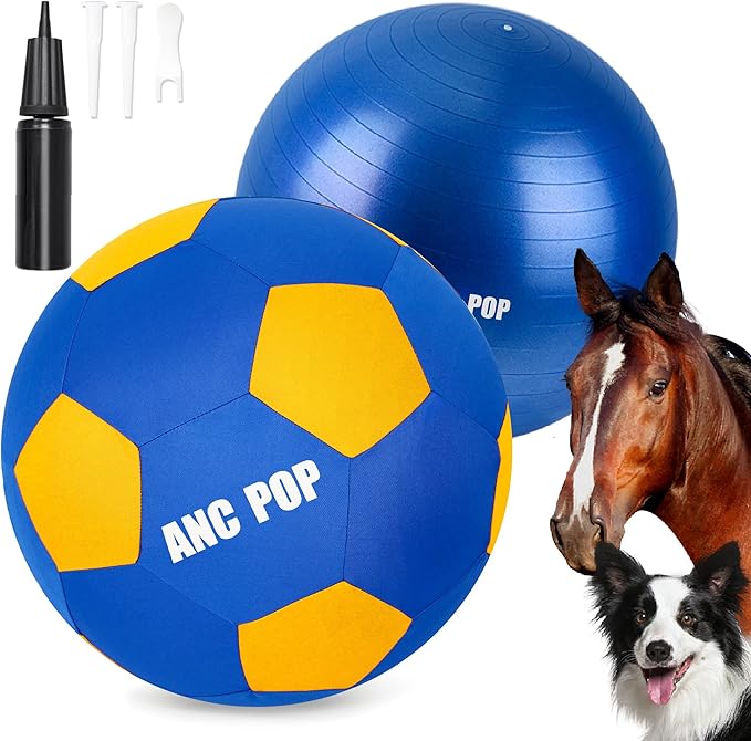 Herding Ball for Dogs Horse Ball & Cover 25" for Horses Large with Hand Pump for Play, Blue and Yellow-Mewly Pet