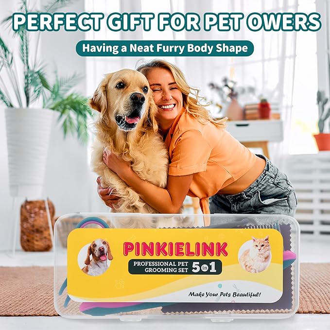 Professional 5 in 1 Pet Grooming Kit - Stainless Steel Dog & Cat Grooming Scissors with Rounded Tip Blades for Safe Fur Trimming, Thinning Shears, Straight Scissors, and Pet Comb (Green 5 in 1)-Mewly Pet