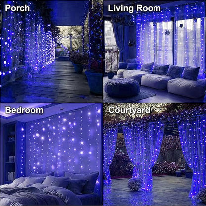HXWEIYE 300LED Fairy Curtain Lights, 9.8x9.8Ft USB Plug-in 8 Modes Christmas String Hanging Lights with Remote for Bedroom Backdrop Wedding Party Indoor Wall Decor, Blue, Standard
