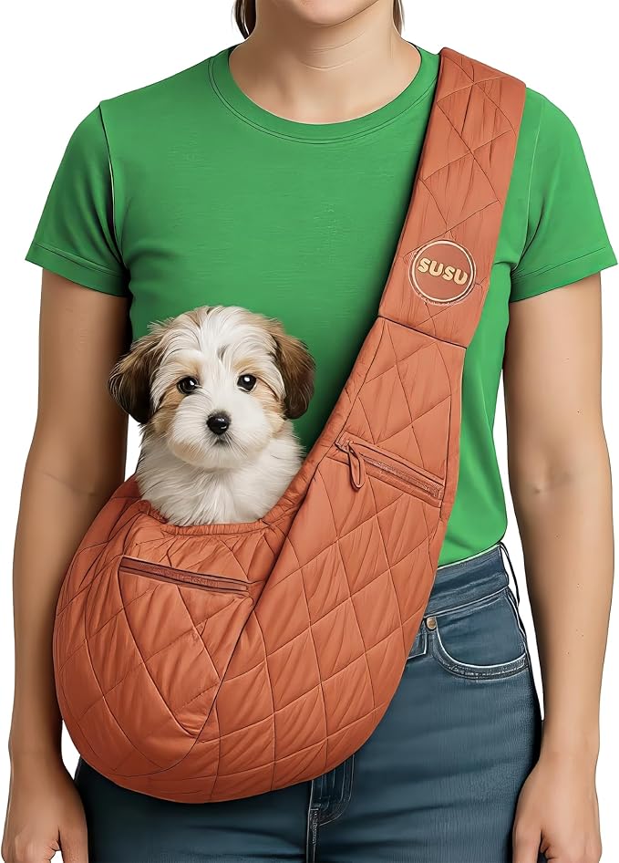 Small Dog Carrier Sling – Copper Brown Hands‑Free 2‑in‑1 Cross‑Body & Handheld Pet Sling for Small Dogs up to 10 lbs, Parachute‑Grade Rip‑Stop Nylon, Padded Strap & Safety Tether-Mewly Pet
