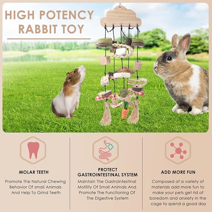 Bissap Rabbit Chew Toy, Bunny Cage Hanging Chew Toys and Treats Wooden with Snacks for Guinea Pigs Chinchillas Hamsters Rats and Other Small Pets Teeth Grinding-Mewly Pet