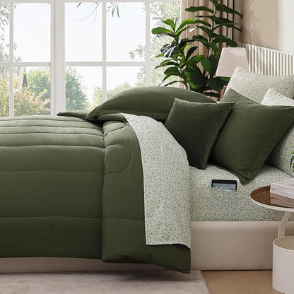 Monbix Full Comforter Set - 7 Pieces Olive Green Bed in a Bag Full Size Track Stitching Bedding Sets, All Seasons Down Alternative Comforter with Sheets,Pillowcases & Shams