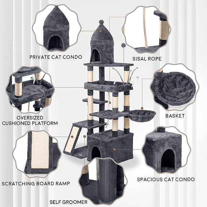 Large Cat Tree Tower for Large Cats, Cat Scratching Post, Self Grooming Post, Interactive Cat Toys, Oversized Perch and Basket, Heavy Duty 72", Dark Grey-Mewly Pet