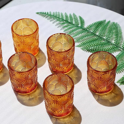 Woho 12Pcs Amber Votive Candle Holders, Glass Amber Candle Holder for Fall Wedding, Boho Tea Lights Candle Holder for Halloween Thanksgiving Centerpieces Table Decoration
