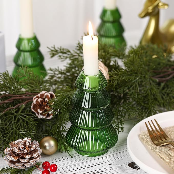 Leinuosen 4 Pcs Christmas Tree Candle Holder Green Glass Candlestick Holder for Taper Candle Stand Modern Green Candlestick for Christmas Holiday Table Centerpiece Mantel Home Room Party Decor Gift