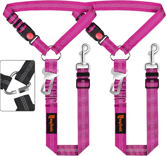 Removable Dog Seat Belt Harness for Car, 3 in 1 Pet Dog Car Seatbelt Leash, Retractable Restraint Secures to Vehicle Headrest & Adjustable Reflective Bungee Dog Seatbelt Tether, Rose-Mewly Pet