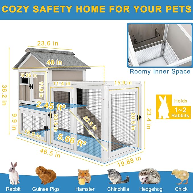 48" L Rabbit Hutch Outdoor Indoor Bunny Hutch Weatherproof, 2-Story Wood Rabbit Cage with Deep Tray, Chew-Resistant Ramp, UV Roof, Bunny House for Small Animal, Expandable Guinea Pig Cage-Mewly Pet
