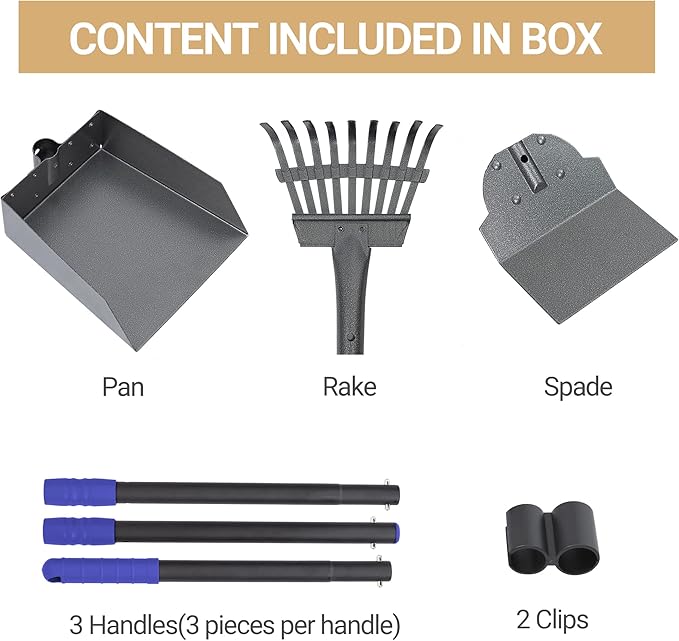Heeyoo Dog Pooper Scooper, Dog Poop Tray and Rake Set, Pet Waste Removal Scoop with Long Adjustable Sectional Stainless Handles-Mewly Pet
