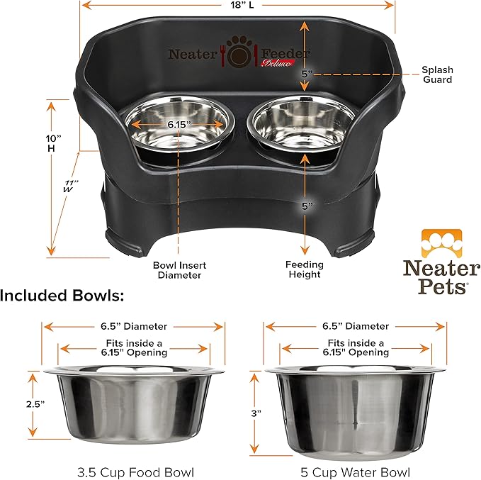 Neater Pet Brands Neater Feeder Deluxe Mess Proof Dog Bowls Elevated for Medium Dogs 19-40 lbs, Made in USA, No Spill Raised Dog Food Bowl Stand Feeding Station, Food and Water Bowl Set, Black-Mewly Pet