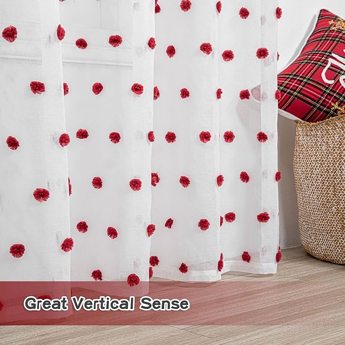 MYSKY HOME 95 Inch Long Christmas Curtains for Living Room Sliding Door Red Pom Pom White Shher Curtains for Bedroom Large Window Panels Dining Room Rod Pocket Privacy Protect 2 Sets 52" x 95"