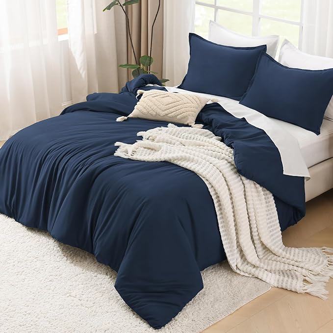 Litanika Navy Blue Oversized King Comforters Super King Size, 3 Pieces Lightweight Solid Bedding Comforter Set, All Season Fluffy Bed Set (120x120In Comforter & 2 Pillowcases)