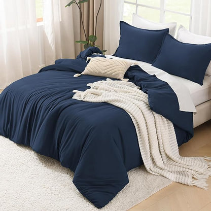 Litanika Navy Blue Oversized King Comforters Super King Size, 3 Pieces Lightweight Solid Bedding Comforter Set, All Season Fluffy Bed Set (120x120In Comforter & 2 Pillowcases)
