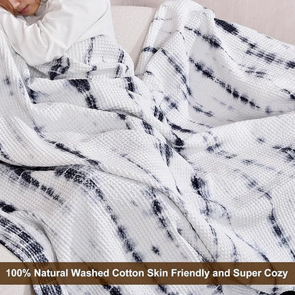 PHF 100% Cotton Tie-dye Waffle Weave Blanket King,Soft Breathable Skin-Friendly Durable Layering for All Season, Manual Elegant Delicate Pattern for Bed, Home Decor, Couch,Tie Dyed Charcoal, 104x90