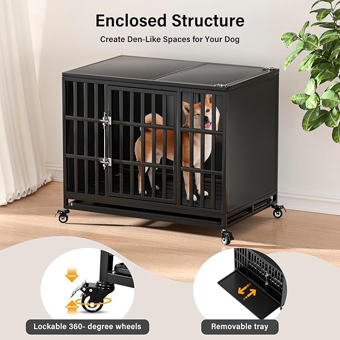38 inch Heavy Duty Dog Crate with Self-Locking Latch, Indestructible Steel Large Kennel with Enclosed Design, Chew-Proof and Escape-Proof Pet Cage for High Anxiety Dogs-Mewly Pet