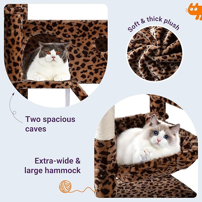 Allewie 81 Inches Tall Cat Tree/Multi-Level Large Climbing Tree House and Towers for Big Feline/Condo and Hammock/Scratching Post/Wide Base/Leopard Print-Mewly Pet