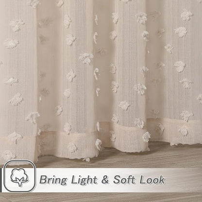 MYSKY HOME Pom Pom Beige Sheer Curtains for Bedroom Girls Room Curtains 63 inch Length for Nursery Kids Light Filtering Boho Window Drapes, Rod Pocket, 52" Wide, 2 Panels