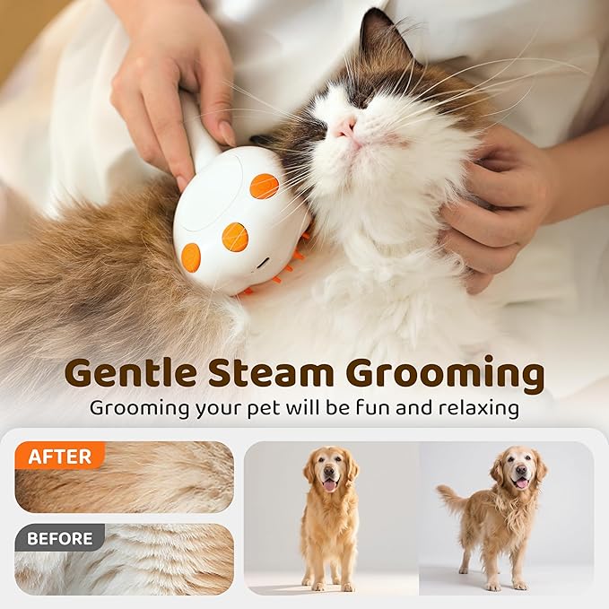 Steam Cat Brush, 6-in-1 Dog Brush Spritz Defur Comb with Pet Waterless Shampoo, Steamy Skin Friendly Deshedding Grooming Tool, Suitable for Shedding & Haired Pets, Pet Supplies Accessories, White-Mewly Pet
