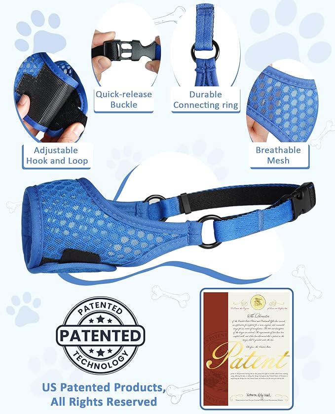 LUCKYPAW Soft Muzzle for Small Medium Sized Dogs, Dog Muzzle to Prevent Biting Chewing, Adjustable Breathable Mouth Guard for Grooming Walking Training(Blue, XS)-Mewly Pet
