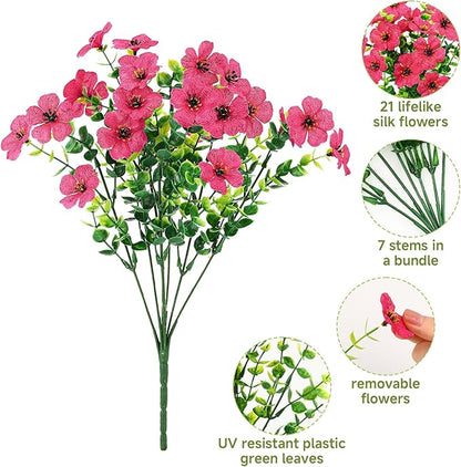 SHareconn 24 Bundles Artificial Flowers for Outdoors Decoration, Faux Plants Fake Silk Colorful Daisy Eucalyptus Lavender, UV Resistant for Outside Home Porch Patio Indoor Spring Decor, Rosered