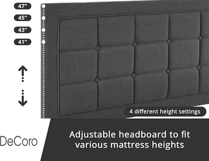 Decoro Mornington Upholstered 2.0 Platform Bed, Button-Tufted Fabric Headboard and Metal Frame with Wood Slat Support, Dark Grey, Queen