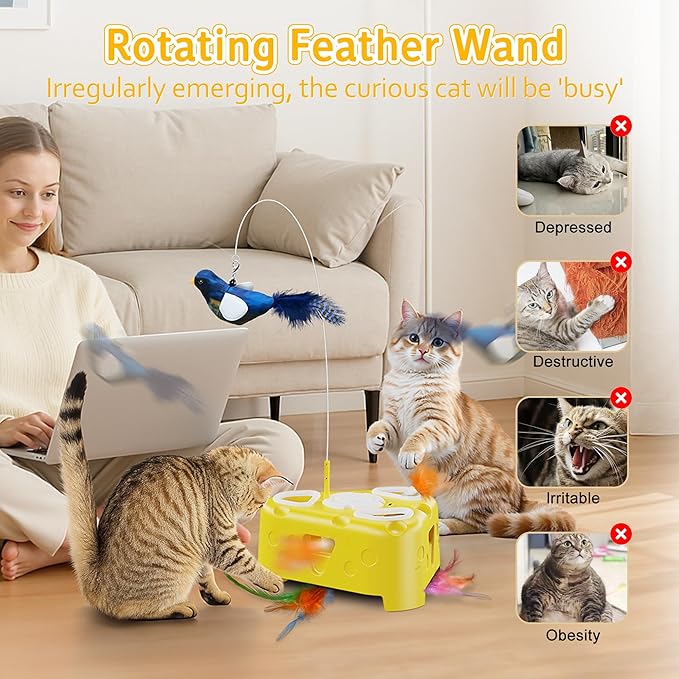 3-in-1 Interactive Cat Toy for Indoor Cats,Automatic Kitten Toys,Flying Bird,6 Holes Mole,Rotating Feather, USB Rechargeable Electronic Interactive Feather Toy for Bored Adult & Kitten Cats-Mewly Pet