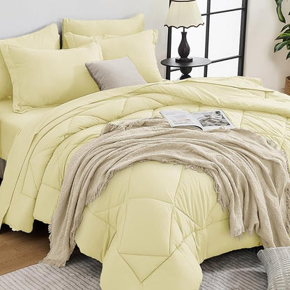 HEVUMYI Cream Yellow Cali-King Comforter Set - 7-Piece All Season Bed in a Bag Cali-King, Ultra Soft Bedding Set with Comforter, Flat Sheet, Fitted Sheet, Pillowcases, Pillow Shams