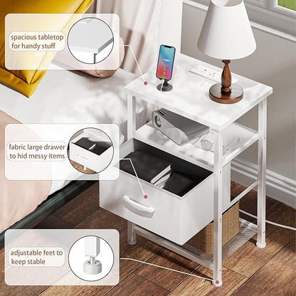Nightstands Set of 2 with Charging Station and Drawer, End Table Bedside Table with 20 Colors LED Light Strip and 2 Layers Shelf for Bedroom Living Room Sofa Couch (White)