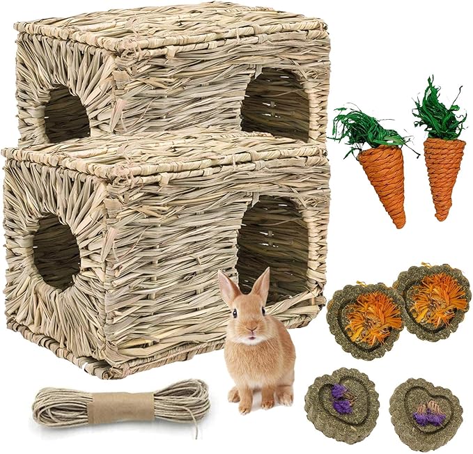 kathson 2 Pcs Rabbit Grass House Natural Foldable Hand Woven Seagrass Bed Carrot Hay Toy Hut Safe Comfortable Playhouse with Bunny Chew Toys for Bunny Hamster Guinea Pig Chinchilla Ferret-Mewly Pet