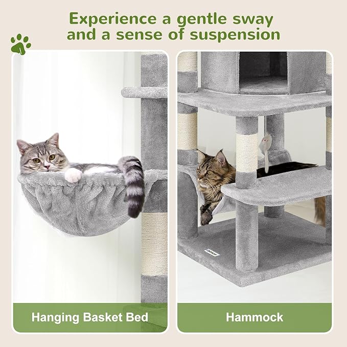 Globlazer Corner Cat Tree for Large Cats, 66inch Tall Curved Series Large Cat Tower for Multiple Indoor Cats with 6 Scratching Posts, 2 Spacious Cat Condos, Hammock, Hanging Basket, C66, Light Grey-Mewly Pet